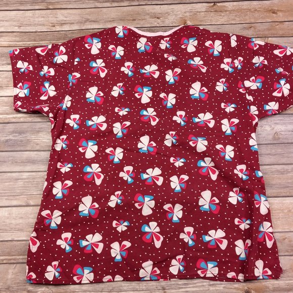 Dickies Small Scrub Top Dark Red Floral Polka Dots - Picture 4 of 6